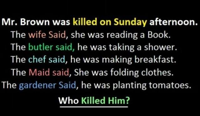 The Riddle: Mr. Brown was killed on Sunday afternoon. Can you figure out which suspect is lying and why?"